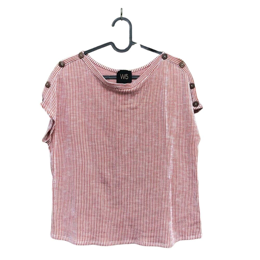 W5 Nordstrom Stripe Boxy Dolman Tee Button Accent Military Shoulder Orange M